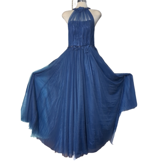 Luxury Designer Blue Beaded Embroidery Illusion Halter \ Ball Gown Blue Size S - Picture 10 of 16